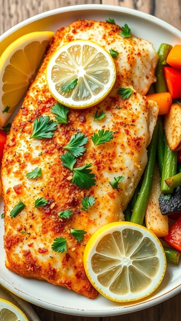 Crispy baked tilapia fillet with lemon and parsley on a plate next to steamed vegetables.
